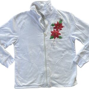 Christmas Sweater Glitter Poinsetta Zip Up Small